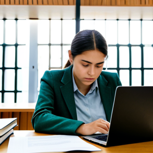 Home 7 A student intensely studying sustainable development materials.**
* A young adult, deeply engrossed in textbooks and online resources about environmental management systems (ISO 14001) at a sunny desk in a modern Spanish library. She is surrounded by open books, a laptop displaying a GRI standards document, and handwritten notes about Objetivos de Desarrollo Sostenible. Focus on her determined expression. Style: Warm, academic, inviting. safe for work, appropriate content, fully clothed, professional, perfect anatomy, natural proportions, high quality, modest clothing, proper finger count.
**
