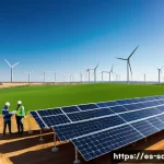 지속가능발전 분야의 지속 가능한 커리어 - A modern solar farm in Spain at sunrise, with rows of sleek photovoltaic panels stretching across a ...