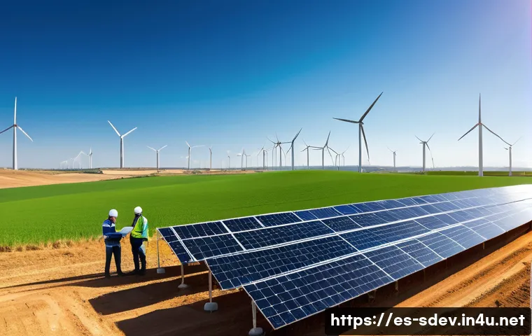 지속가능발전 분야의 지속 가능한 커리어 - A modern solar farm in Spain at sunrise, with rows of sleek photovoltaic panels stretching across a ...