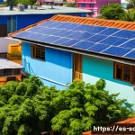 지속가능발전 실기 시험 준비 - A vibrant community scene in a Latin American town showcasing sustainable development principles: di...