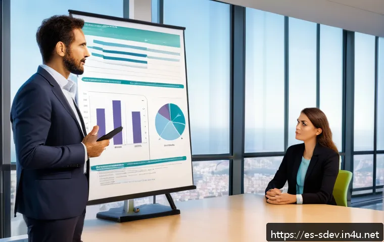 지속가능발전 전문가 연봉 협상 - A professional sustainability consultant presenting a detailed report in a modern corporate office i...