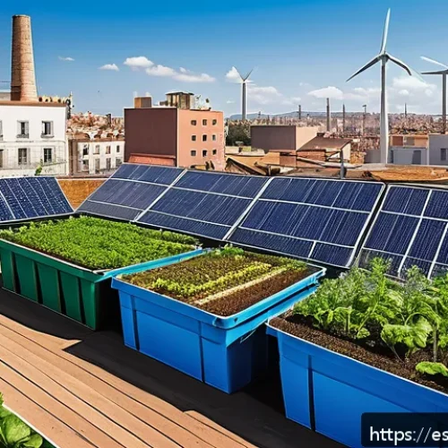 지속가능발전 전문가 인터뷰 - A vibrant urban rooftop garden in a Spanish city, featuring diverse edible plants and flowers growin...