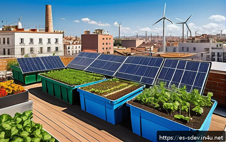 지속가능발전 전문가 인터뷰 - A vibrant urban rooftop garden in a Spanish city, featuring diverse edible plants and flowers growin...