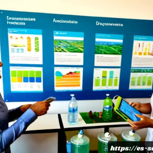 지속가능발전 전문가의 업무 성과 지표 - Photorealistic sustainable development specialist in a bright municipal planning office in Madrid, r...